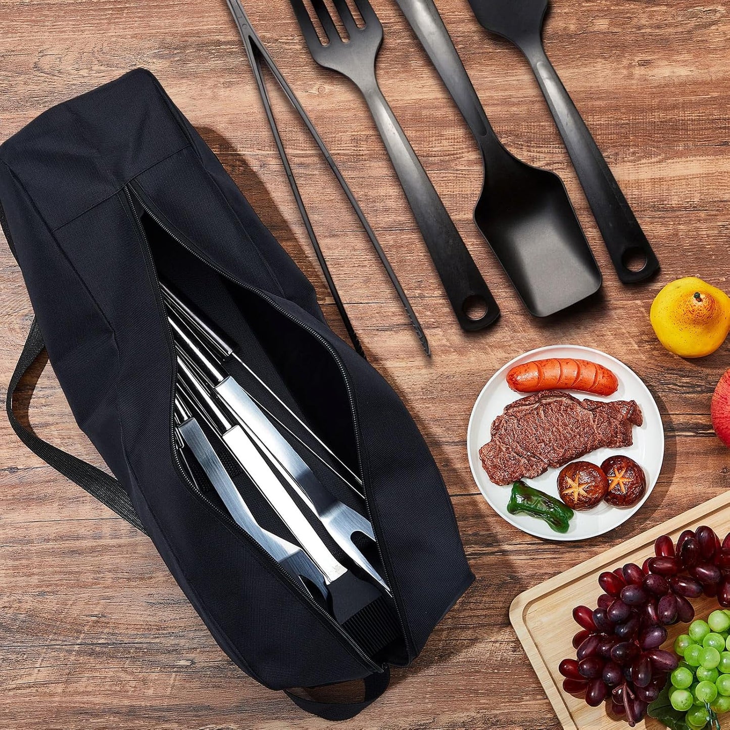 Amylove 1 Pc Grill Tool Storage Bags BBQ Utensil Grilling Bags Oxford Cloth Barbecue Holder Pouch Foldable Hardware Grilling Accessory Grill Storage Bags for Outdoor Camping Picnic Trip, Black