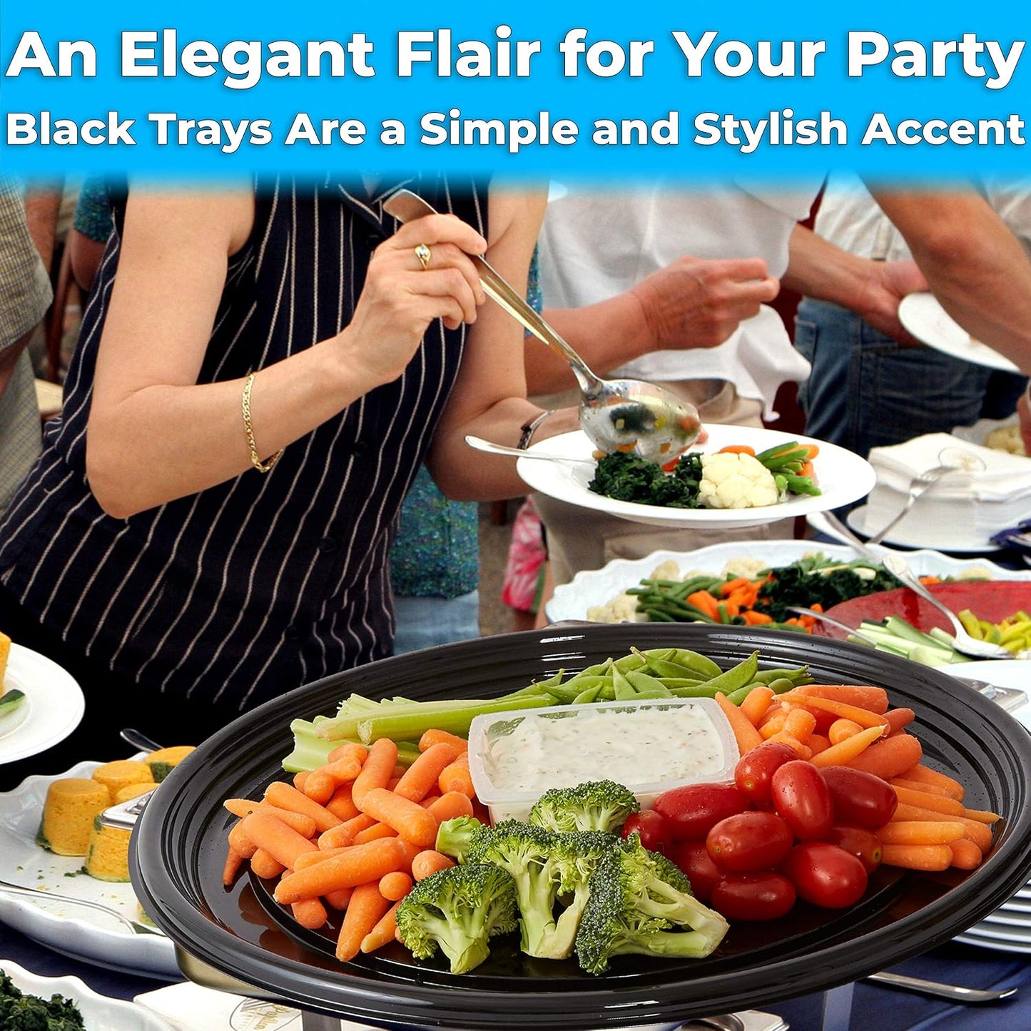 Avant Grub Heavy Duty, Recyclable 12 in. Serving Tray and Lid 5pk. Large, Black Plastic Party Platters with Clear Lids Dishware Plate, Elegant Round Banquet or Catering Trays for Serving Appetizers