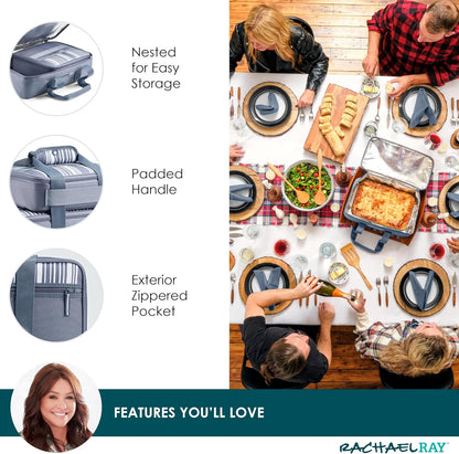 Rachael Ray Lugger Duo, Insulated Casserole Carrier for Hot or Cold Food, Thermal Lasanga Lugger Tote for Pockluck, Parties, Picnic, and Cookouts, Fits 9" x 13" Baking Dish, Sea Salt Grey