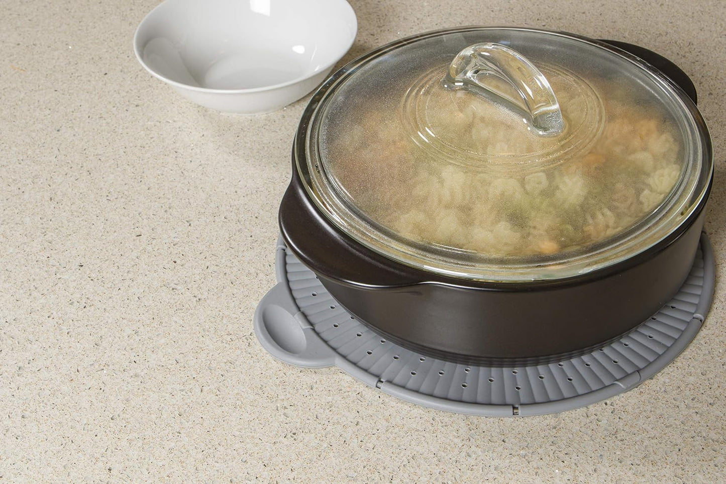 Silicone Splatter Screen, Multi-Use Kitchen Tool, Protect Stovetop and Counters, 3-in-1 Silicone Kitchen Trivet, Splatter Screen, and Colander Lid, Gray