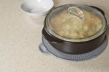 Silicone Splatter Screen, Multi-Use Kitchen Tool, Protect Stovetop and Counters, 3-in-1 Silicone Kitchen Trivet, Splatter Screen, and Colander Lid, Gray