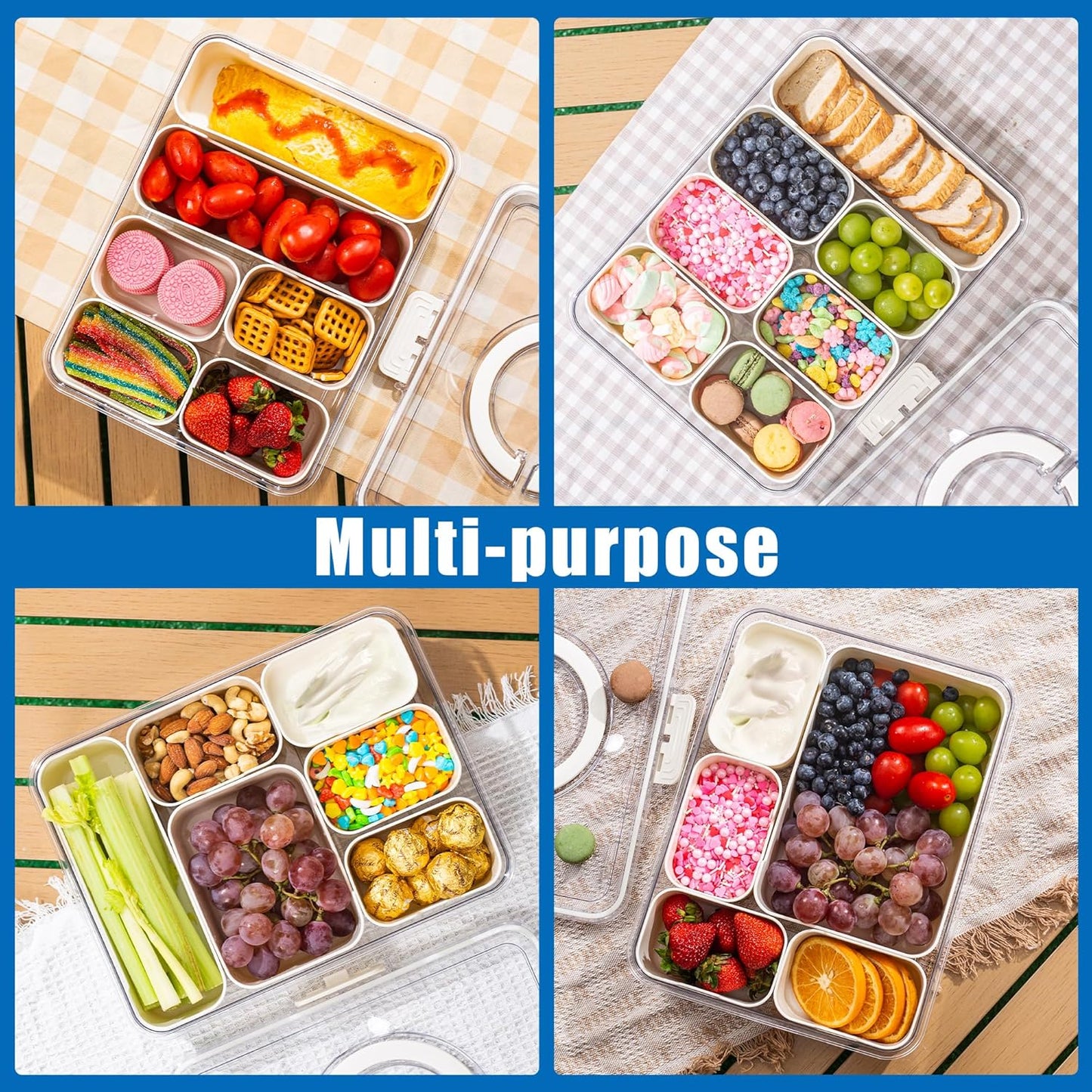 Bandesun Divided Serving Tray with Lid and Handle - Snackle Box Charcuterie Container for Portable Snack Platters - Clear Organizer for Candy, Fruits, Snacks，Nuts - Perfect (Pack of 2)