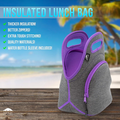 Nordic By Nature Large Neoprene Lunch Bag for Women & Lunch tote for Kids Insulated Lunch bag Reusable Washable Extra Thick Neoprene & Soft Cotton Feel, Premium Stitching, Outside Pocket, (L) Black