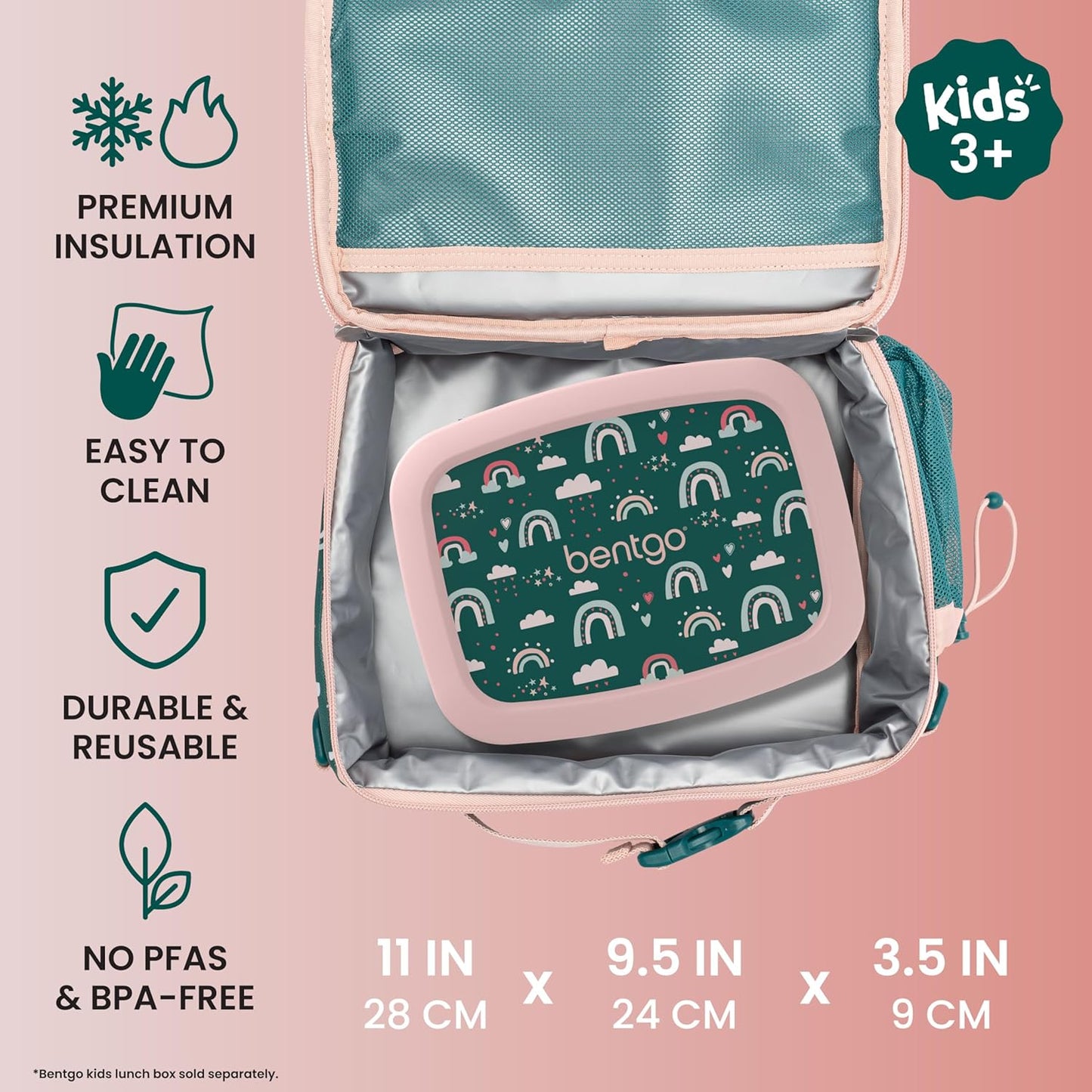 Bentgo Kids Lunch Bag - Durable, Double-Insulated Lunch Bag for Kids 3+; Holds Lunch Box, Water Bottle, & Snacks; Easy-Clean Water-Resistant Fabric & Multiple Zippered Pockets (Mermaid)