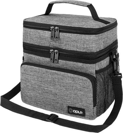 opux Insulated Lunch Bag for Men Women, Large Dual Compartment Cooler Bag, Soft Two Deck Lunch Box for Work School Picnic, Leakproof Lunch Tote with Shoulder Strap for Kid Adult (Purple, Double Deck)