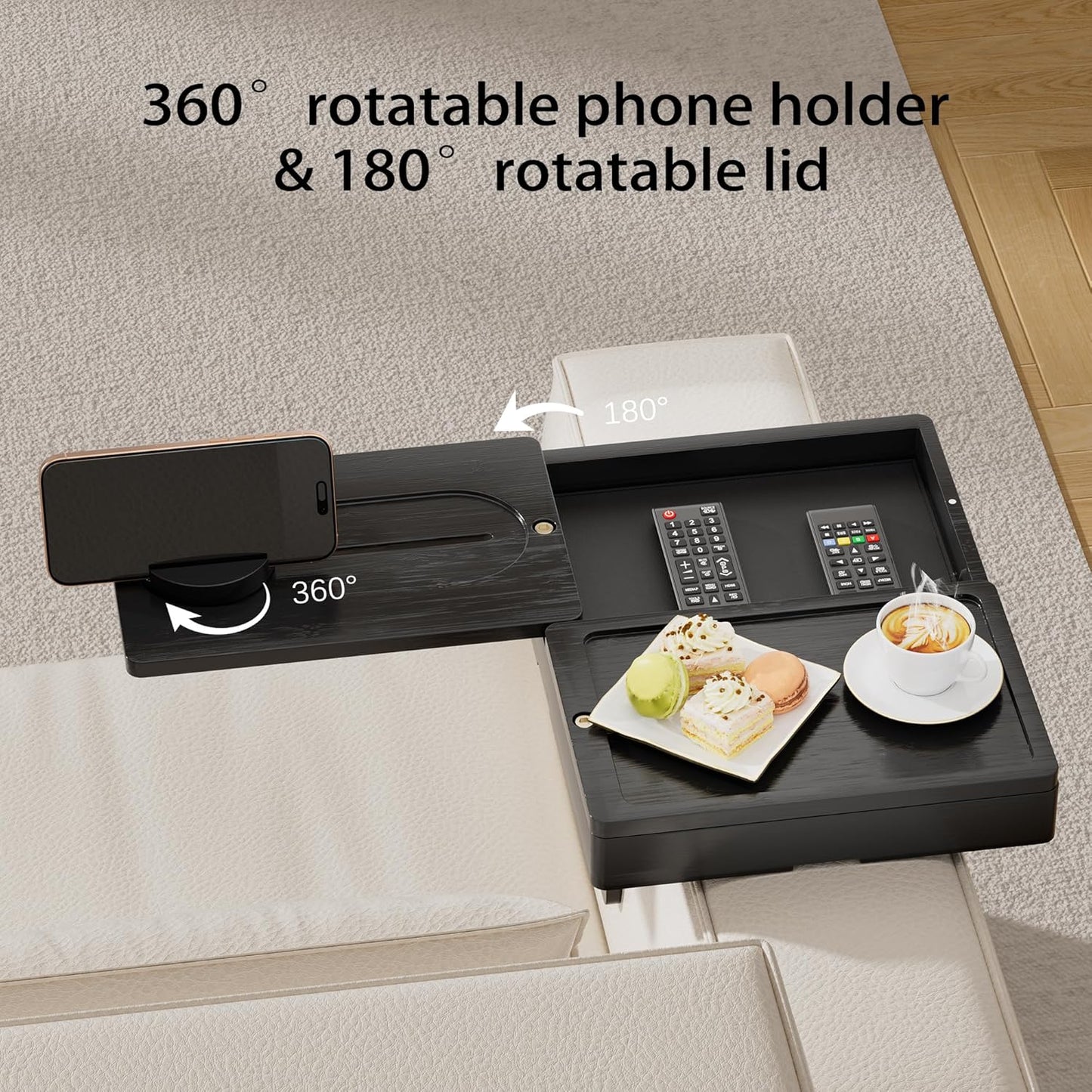 Bamboo Couch Arm Tray, 2 Rotating Trays with 360° Phone Holder & Storage Box, Natural Adjustable Clip On Sofa Table for Snacks, Drinks, Fits Wide Armrests (Up to 10")