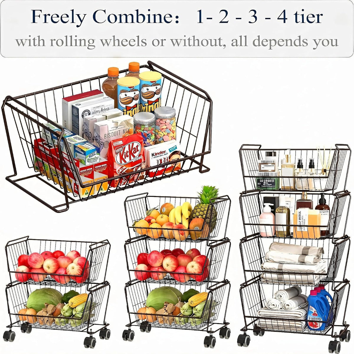 PUSDON 4-Tier Spacious Stackable Wire Storage Baskets with Wheels, Metal Rolling Utility Cart Organizer, Fruit and Vegetable Produce Basket for Kitchen Pantry, Everyday Bathroom Shelf, Silver Grey