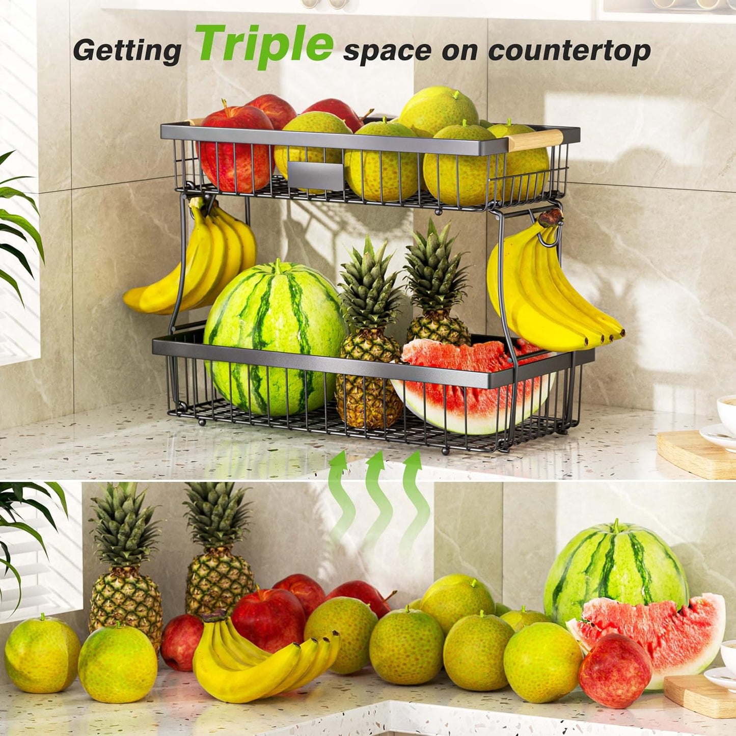 3 Tier Fruit Basket with 2 Banana Hangers for Kitchen Counter | 3-Tier Detachable Design,Metal Wire Construction, Wooden Handle, Large Capacity, Multi-Purpose Organizer,Mesh Basket