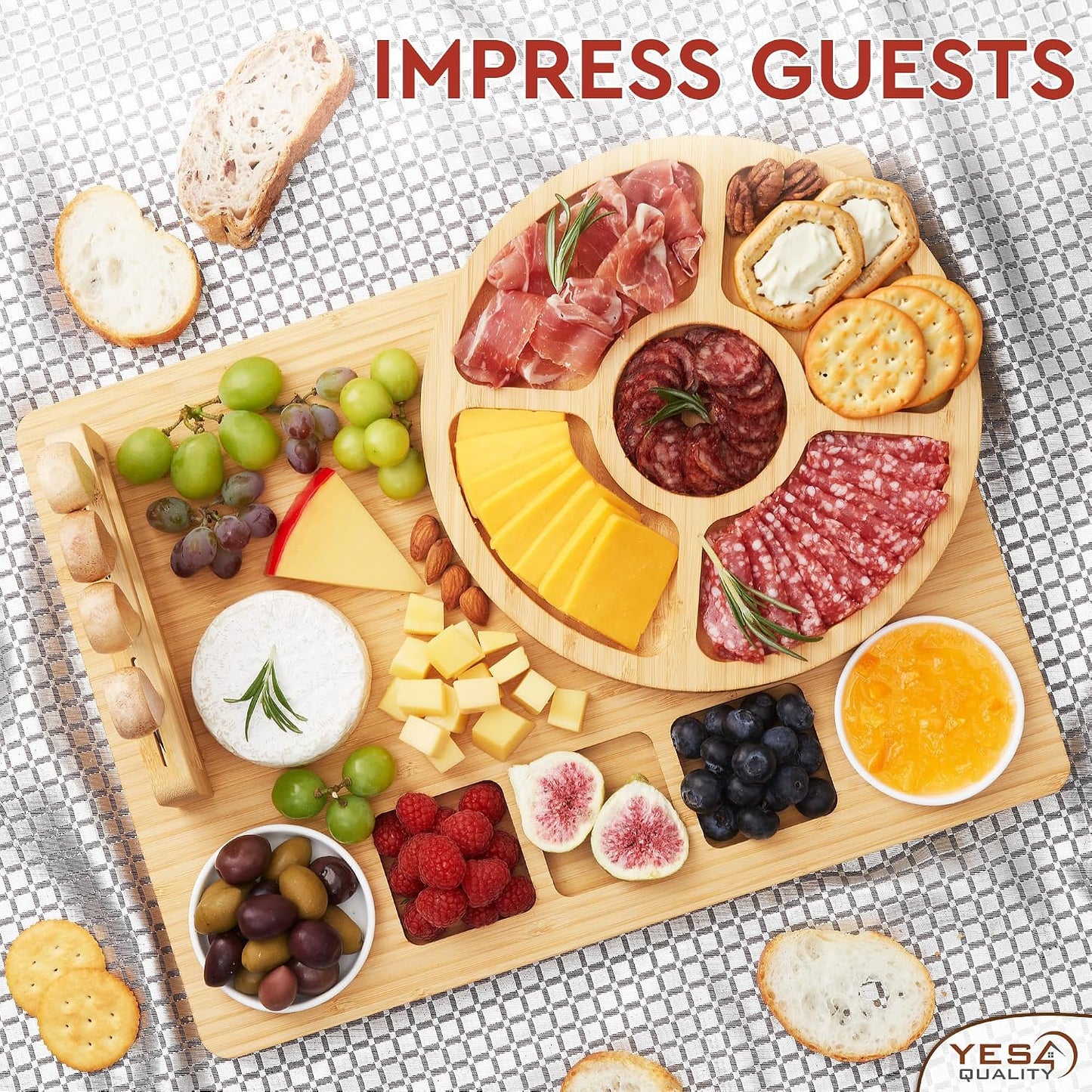 Charcuterie Boards Cheese Board Premium Gift Set - 23 Pieces, Bamboo - Large Size Plus Fruit Tray with Utensil Drawer, Knives, Forks, Wine Opener for Birthday Present, Housewarming, Wedding Shower