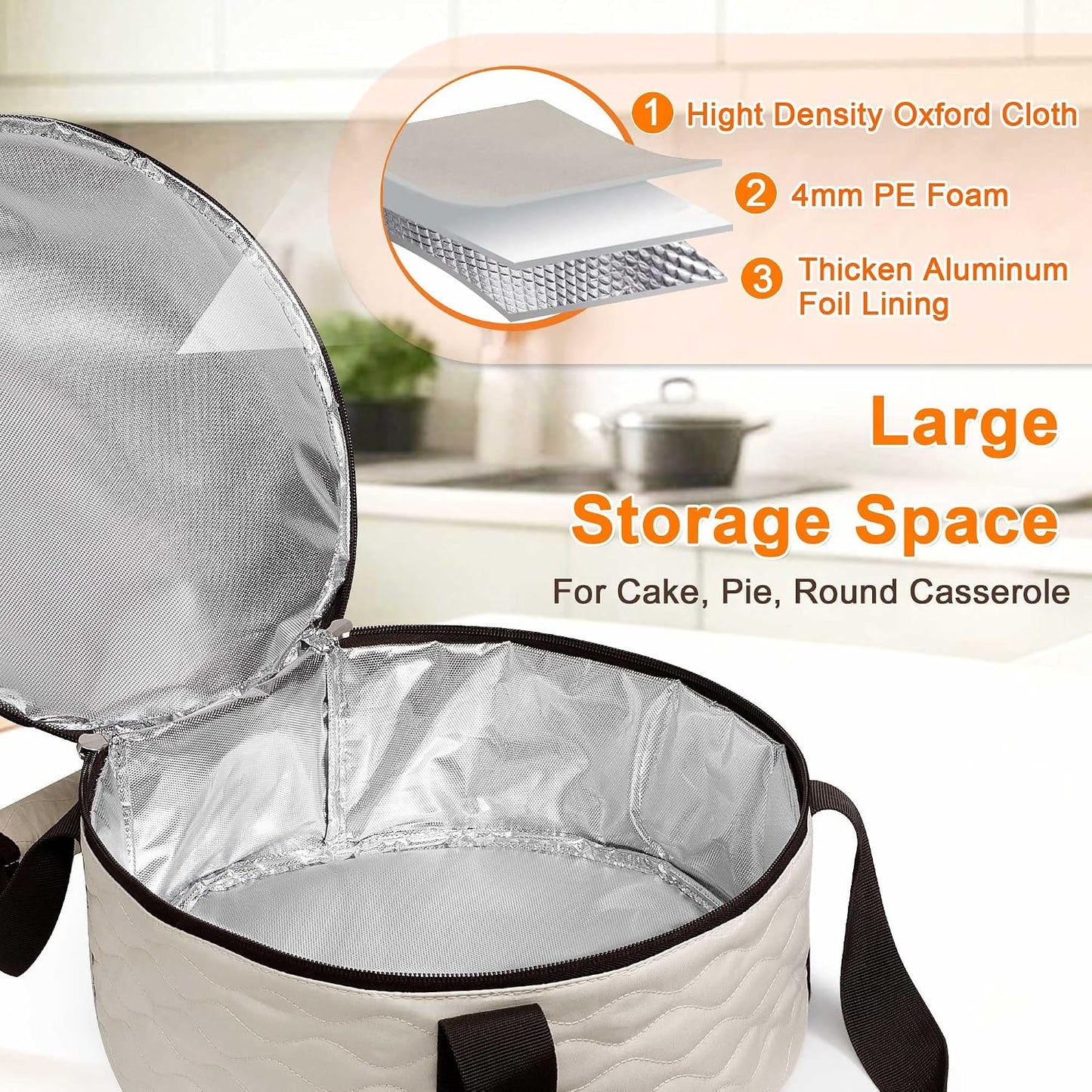Trunab Round Insulated Casserole Carrier, Pie Carriers for Transport, Casserole Carriers for Hot or Cold Food, Round Lunch Box for Picnics, Camping, Party, with Extra Pocket for Cutlery