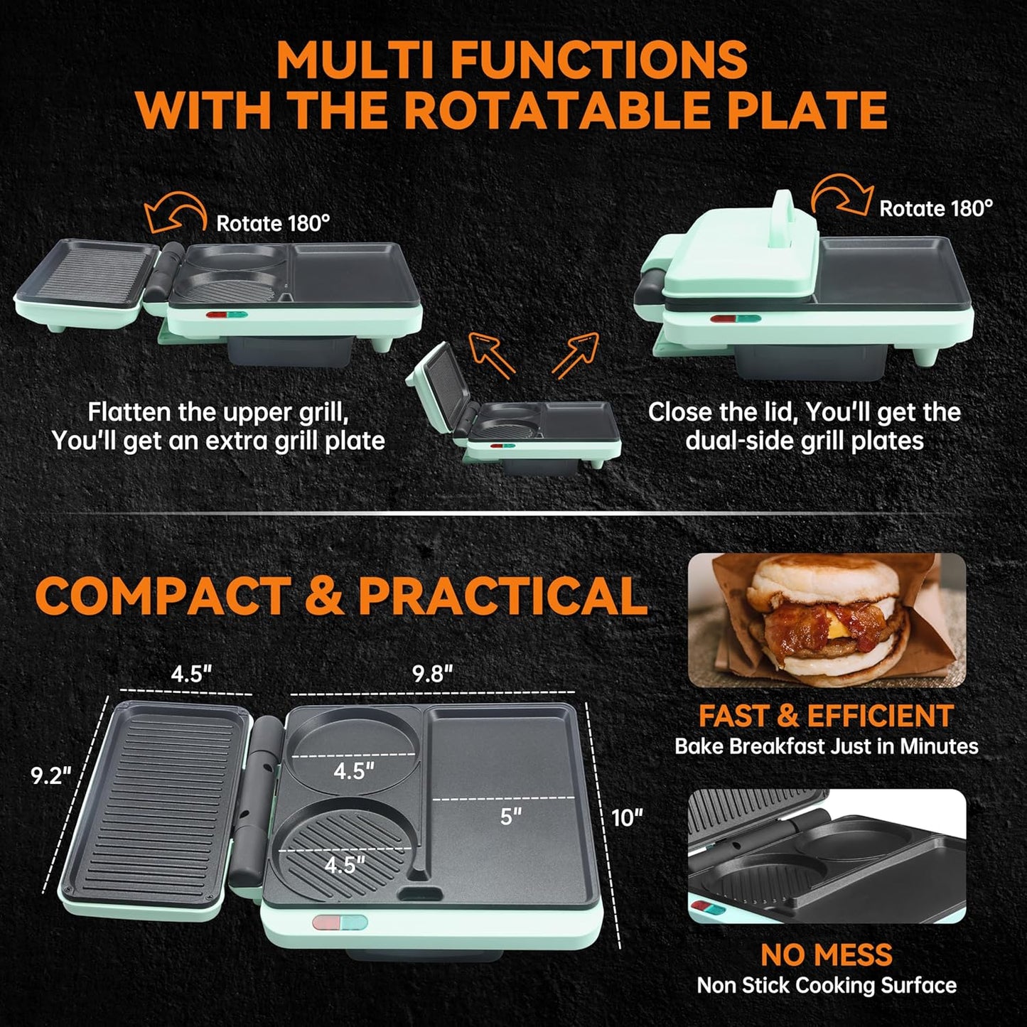 Baker's Friend Breakfast Sandwich Maker, Nonstick Electric Griddle & Grill Combo, 3 in 1 Breakfast Station, Make Egg Muffin Sandwiches Burgers Hot dogs & Pancakes, Includes Burger Press, Tong & Brush