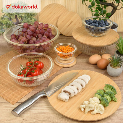 Set of 4 Stackable Space-Saving Nesting Glass Bowls with Airtight Acacia Lids for Lunch, Meal & Food Prep - Microwave & Oven-ready BPA Free Durable Heat Resistant Inert Borosilicate Glass