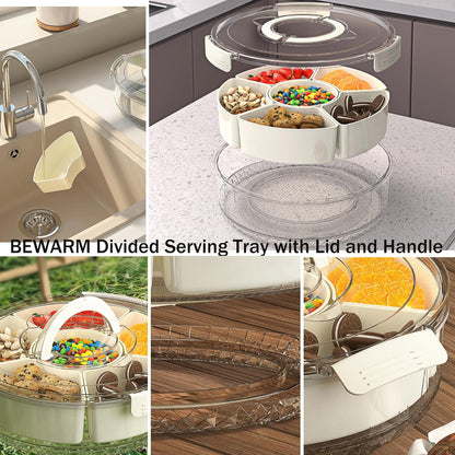 Divided Serving Tray with Lid and Handle, Fruit Platter for Snack Candy Charcuterie Organizer Portable Spinning Veggie Tray for Kitchen Party Travel and Picnic Stackable Snackle Box Container