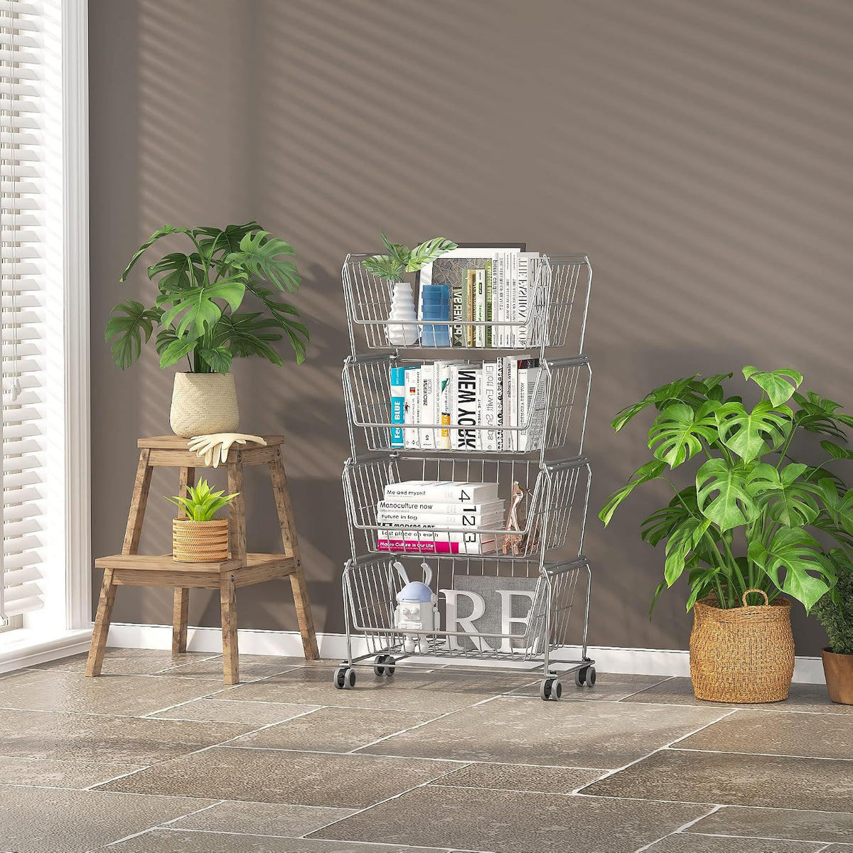 PUSDON 4-Tier Spacious Stackable Wire Storage Baskets with Wheels, Metal Rolling Utility Cart Organizer, Fruit and Vegetable Produce Basket for Kitchen Pantry, Everyday Bathroom Shelf, Silver Grey
