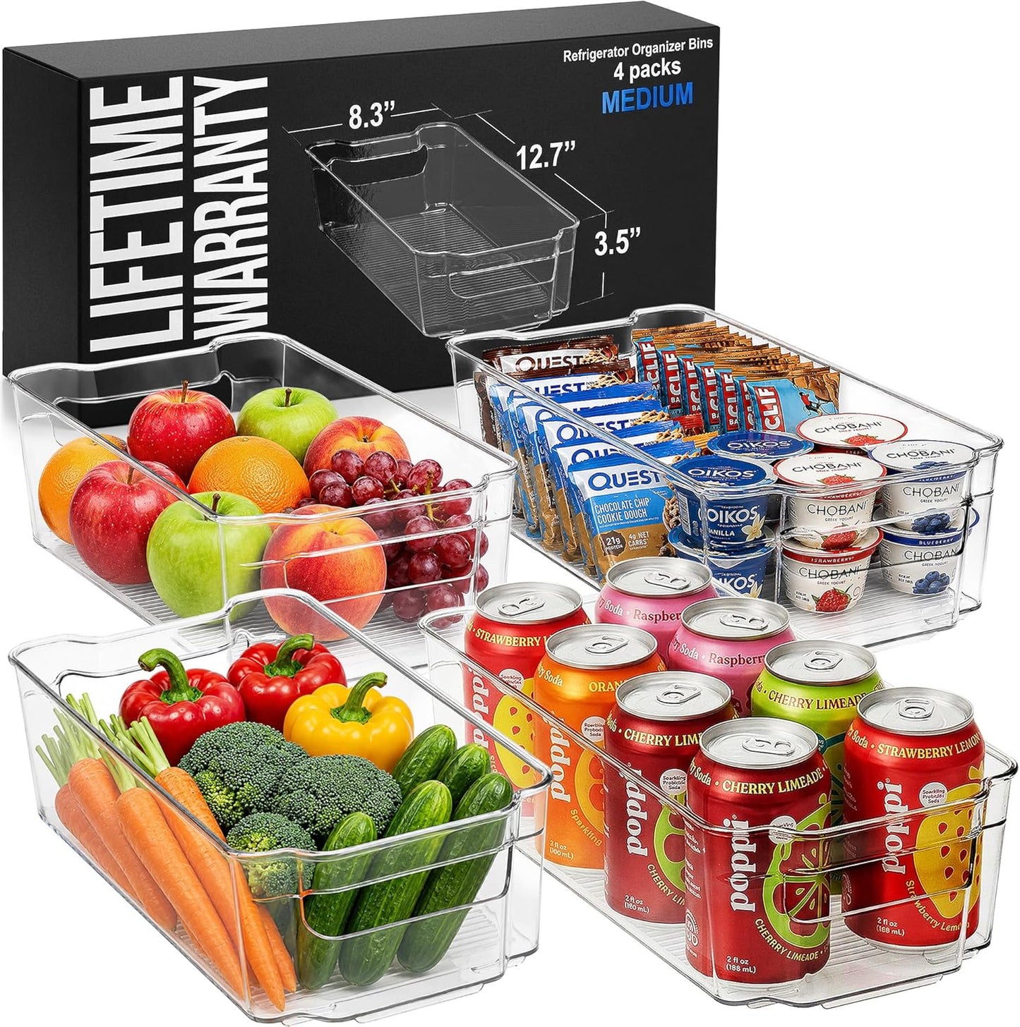 Zulay Kitchen 4 Pack Refrigerator Organizer Bins – Large Clear Fridge Storage Containers with Built-In Handles & Non-Slip Feet - Ideal Fridge Organizers, Kitchen Cabinets, Pantry Organization