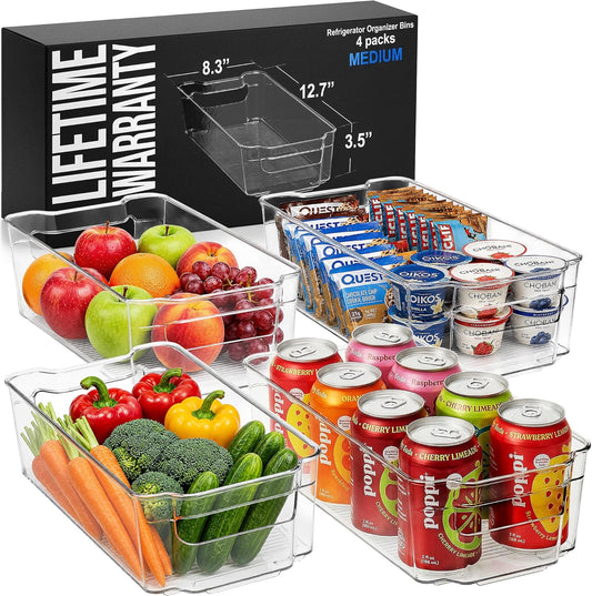 Zulay Kitchen 4 Pack Refrigerator Organizer Bins – Large Clear Fridge Storage Containers with Built-In Handles & Non-Slip Feet - Ideal Fridge Organizers, Kitchen Cabinets, Pantry Organization