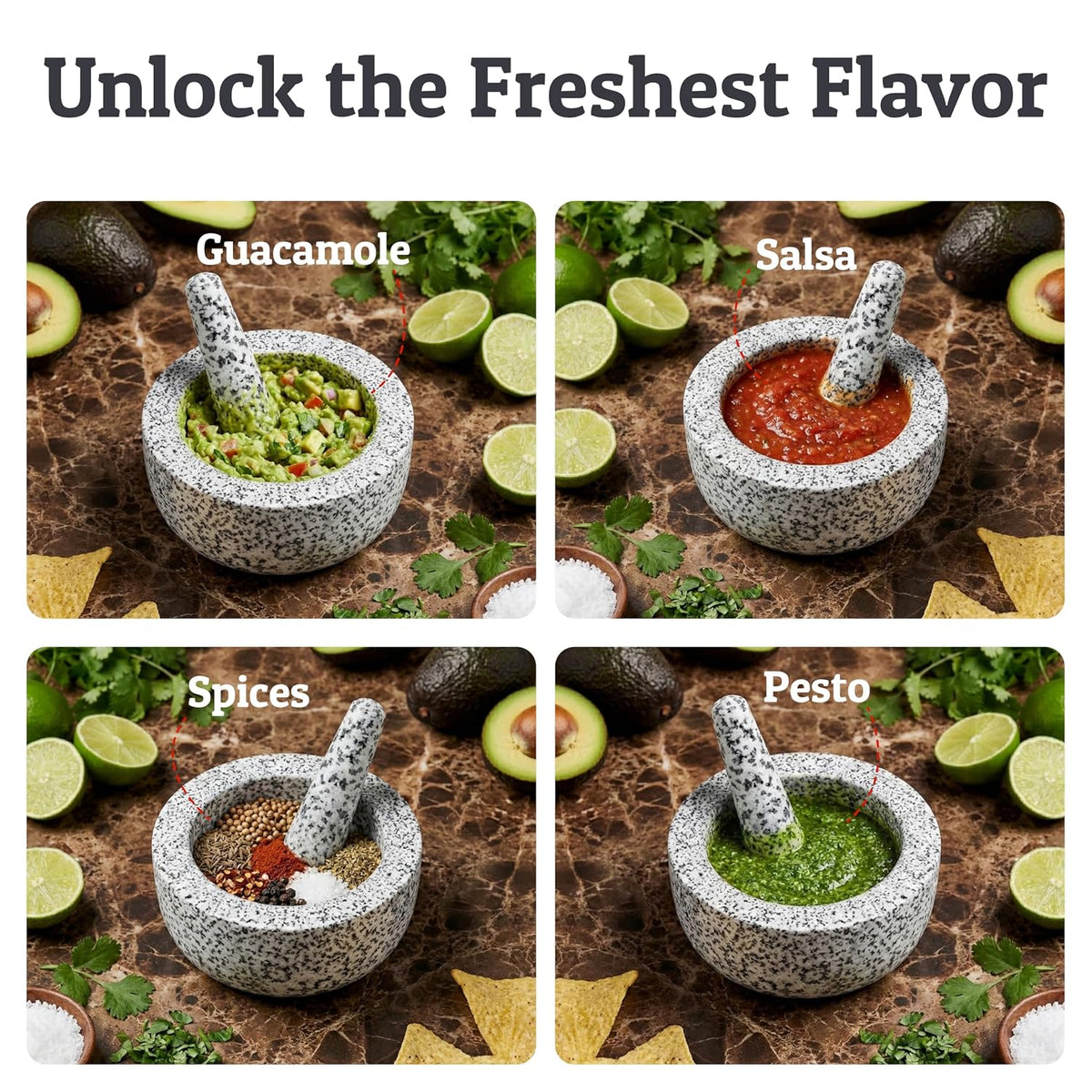 Priority Chef Heavy Duty Large 1.5 Cup Mortar and Pestle Set, 100% Natural Granite, 5.5 Inch Diameter Bowl, 6.2 Inch Pestle, Non-Slip Base, Stone Grinder for Guacamole Salsa Pesto Herbs Spices, Black