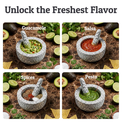 Priority Chef Heavy Duty Large 1.5 Cup Mortar and Pestle Set, 100% Natural Granite, 5.5 Inch Diameter Bowl, 6.2 Inch Pestle, Non-Slip Base, Stone Grinder for Guacamole Salsa Pesto Herbs Spices, Black