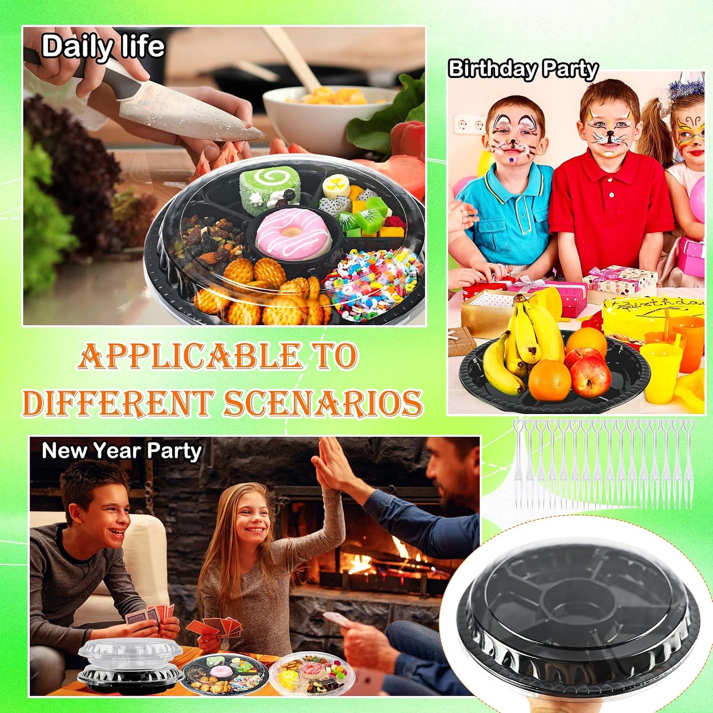 20 Pack Plastic Appetizer Trays with Lid Disposable Serving Platters with 100 Forks 6 Divided Round Plastic Tray for Veggie Fruit Snack Party and Buffet Catering Trays, 10 Inch, 2 Colors