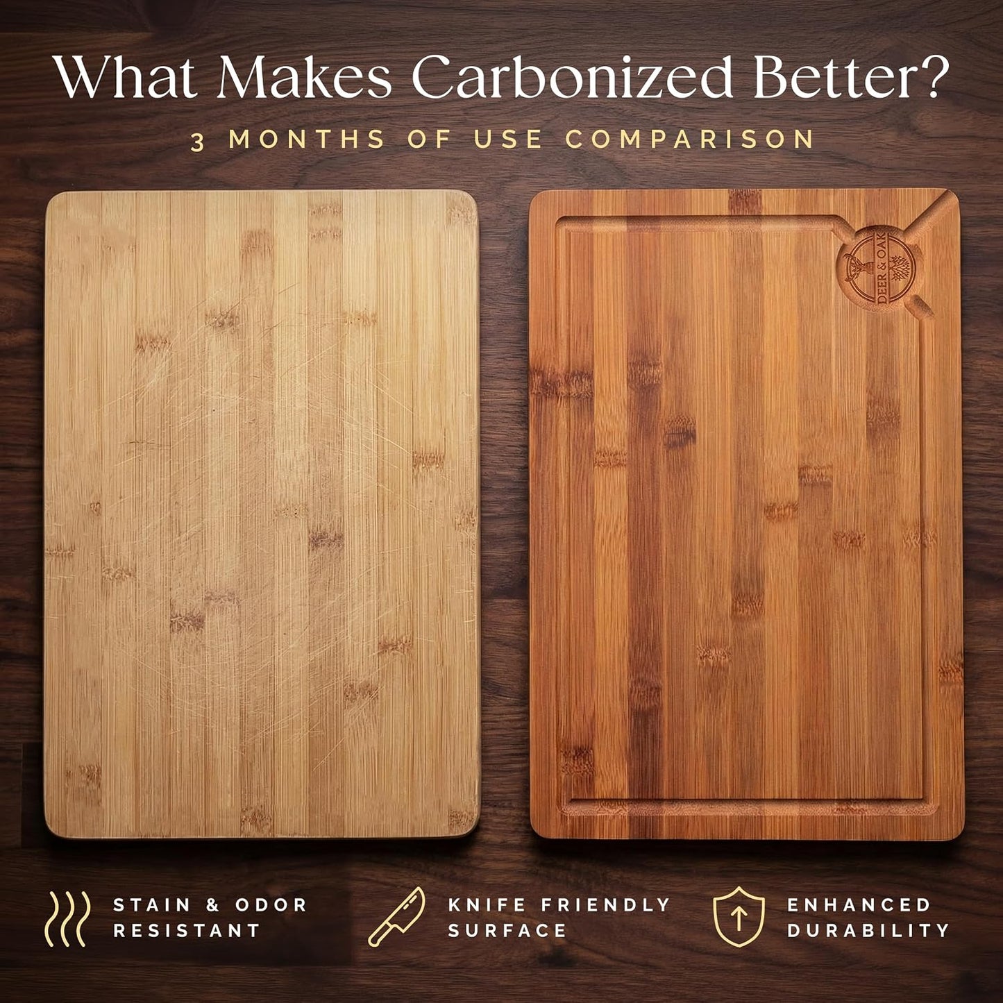 Pre-Oiled, Non Toxic 3-Piece Carbonized Bamboo Cutting Board Set, 500°F Carbonized Technology Eco-Friendly Wooden Chopping Boards for Kitchen with Juice Groove, Charcuterie Serving Boards Deer & Oak