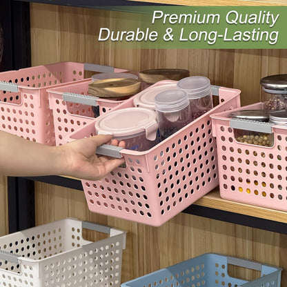 Soddeph 4 Pack Plastic Deep Storage Basket with Handles, Cubbies Organizer Bins with Hollow Design for Under Counter, Closet, Kitchen or Bathroom 12.3" × 8.7" × 6.9"(White, Medium)