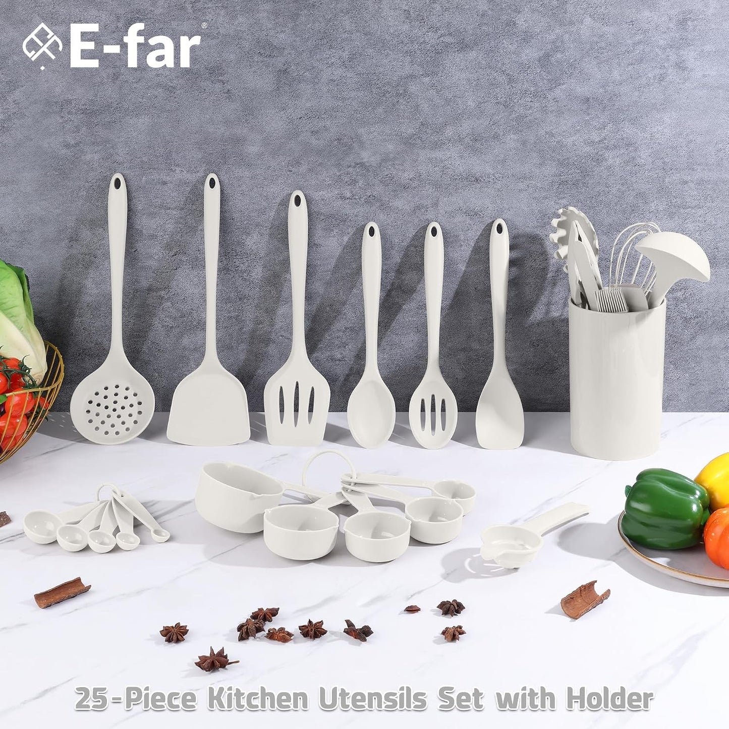 E-far Silicone Cooking Utensils Set, 25 Piece Kitchen Utensils with Holder, Non Toxic Kitchen Tools Spatula, Turner, Spoon, Ladle for Nonstick Cookware, Heat Resistant & Dishwasher Safe - Black