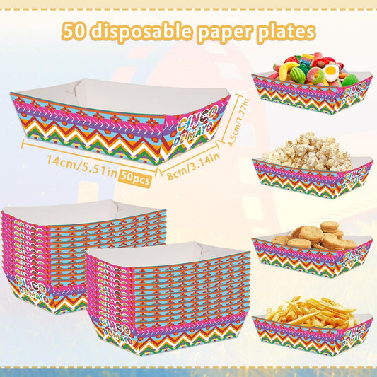 Cinco de Mayo Decorations Party Decorations, 50 Pcs Cinco de Mayo Food Trays, Mexican Fiesta Disposable Serving Plates for Taco Party Fiesta Birthday Supplies