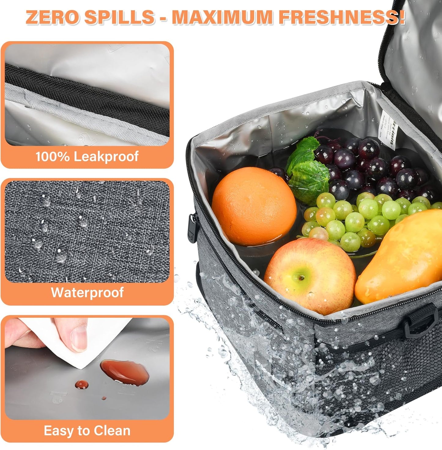 Tirrinia Insulated Lunch Box for Men/Women, Leakproof Lunch Bag for School Work, Large Lunch Tote Kids Boys Girls Student Back to School, Soft Cooler Office Picnic Beach Camping for Adults, Charcoal