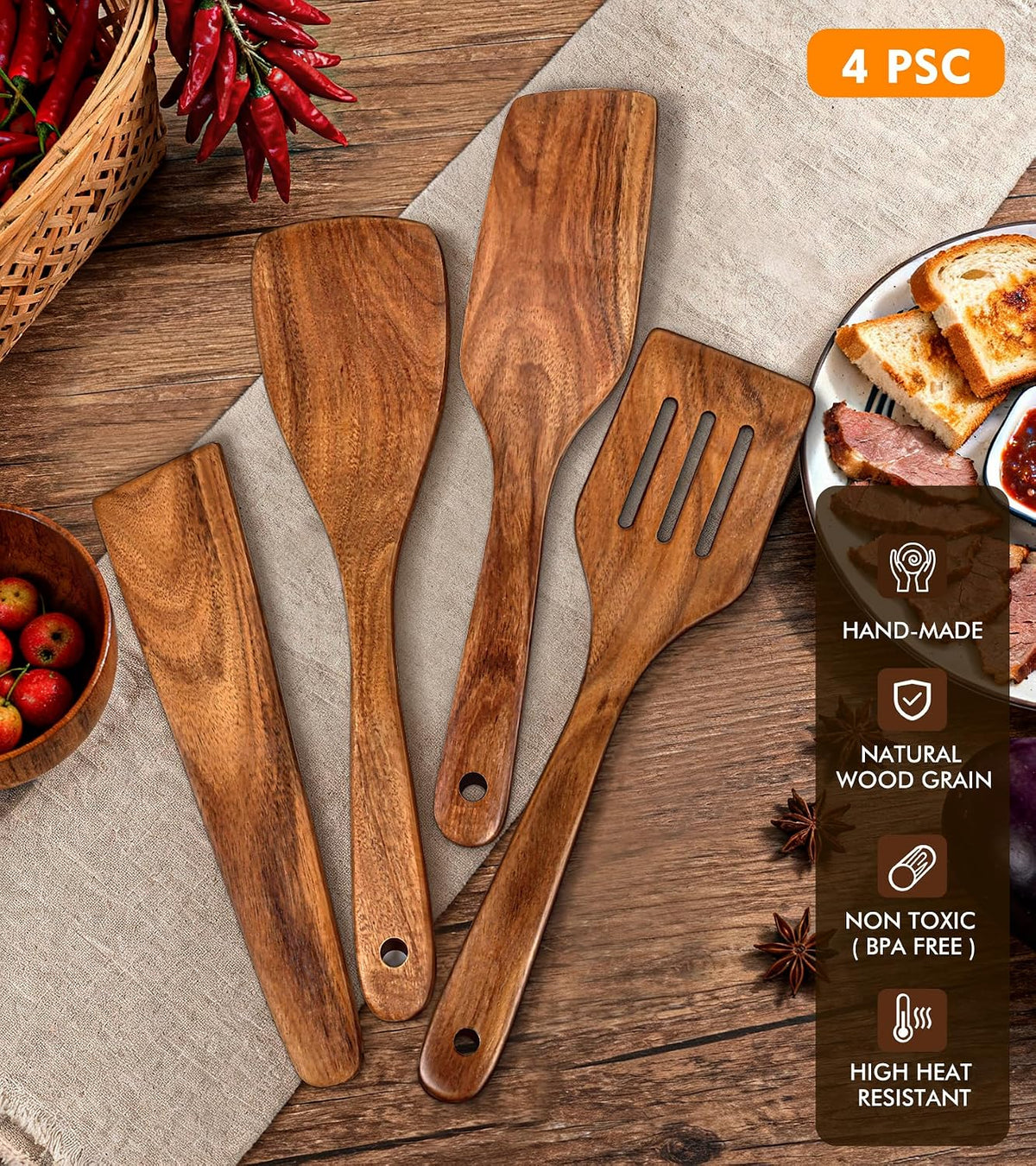 Wooden Spatula, Acacia Solid & Slotted Turner Spatula Set, Long Handle Flat Frying Spatulas, Ideal Kitchen Gift for Mother and Grandma, Kitchen Utensils Set for Cooking, Frying, Baking