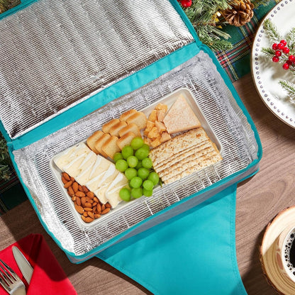 Insulated Round Thermal Casserole Food Carrier for Lunch, Lasagna, Potluck, Picnics, Vacations - Teal and Grey