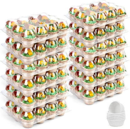 LotFancy (12 Count x 12 Sets) Cupcake Containers with 144 Liners, Thick Plastic Cupcake Boxes Holders, BPA Free, Disposable Cupcake Carrier with Detachable Tall Dome Lid