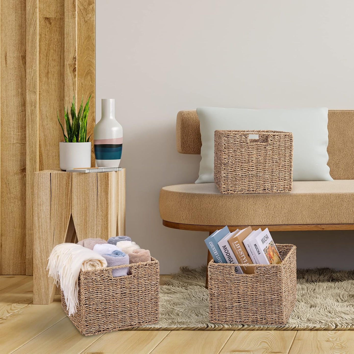 12x12x10in Water Hyacinth Storage Basket Large, Folding Cube Woven Wicker Storage Basket for Shelves, Pantry Baskets Organization and Storage, Kitchen Storage Baskets, Large Rattan Basket Set of 3