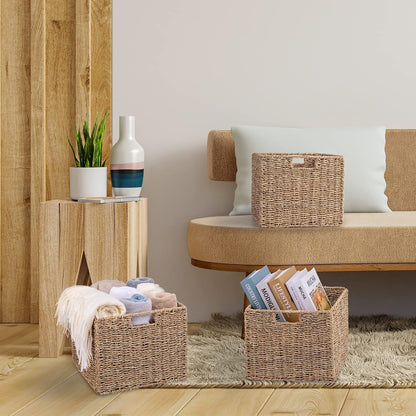 12x12x10in Water Hyacinth Storage Basket Large, Folding Cube Woven Wicker Storage Basket for Shelves, Pantry Baskets Organization and Storage, Kitchen Storage Baskets, Large Rattan Basket Set of 3