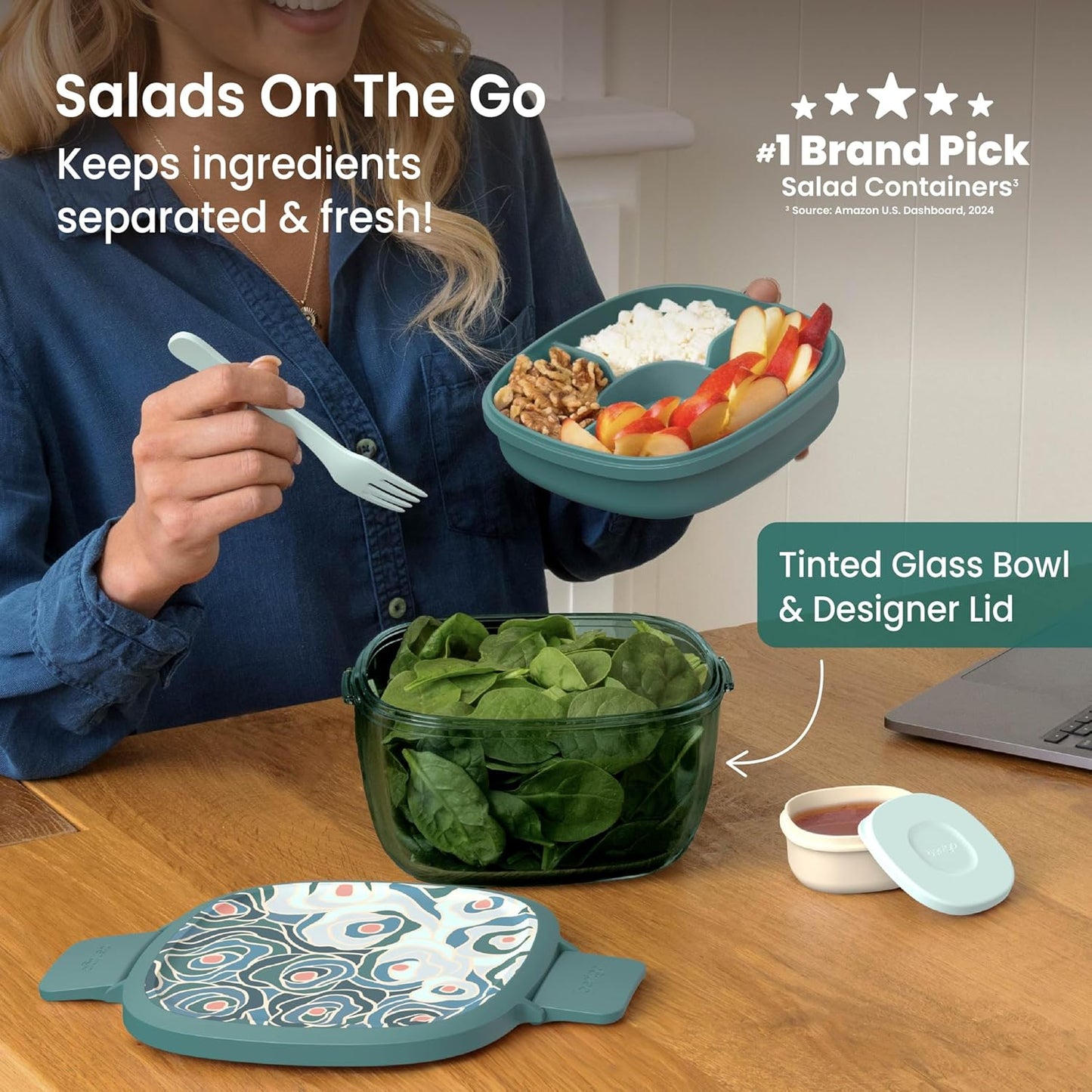 Bentgo Glass Salad Container - 7.6-Cup Salad Bowl with Airtight Lid, Leak-Proof Sauce Container, 4-Compartment Bento Tray & Reusable Fork - BPA-Free for Meal Prep, Office & More (Light Blue)