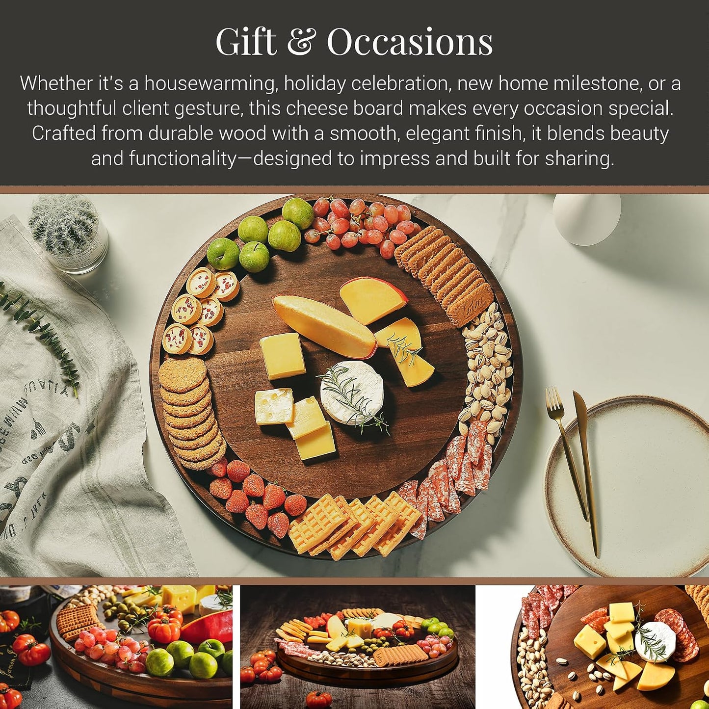 Shanik Acacia Wood Lazy Susan Cheese Board Set – Rotating Charcuterie Platter, Elegant Serving Tray for Appetizers, Snacks, Parties & Weddings
