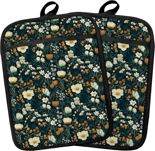 Green Vintage Floral Botanical Pot Holders Heat Resistant, Dark Cottagecore Art Nouveau Wildflower Oven Potholder Hot Pads for Kitchen Countertops Baking Cooking