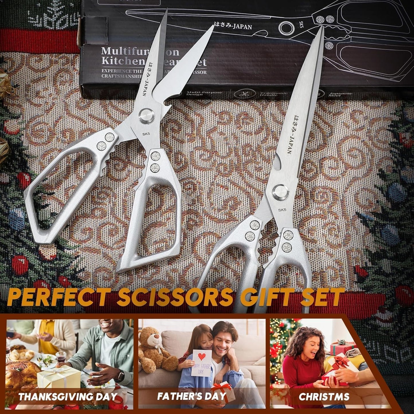 HUUSK Kitchen Scissors Set Silver - Upgraded Stainless Steel Kitchen Shear, Sharp Meat Scissors Dishwasher Safe, Heavy Duty Poultry Shears, Japanese Cooking Scissor for Food, Christmas Gifts for Women