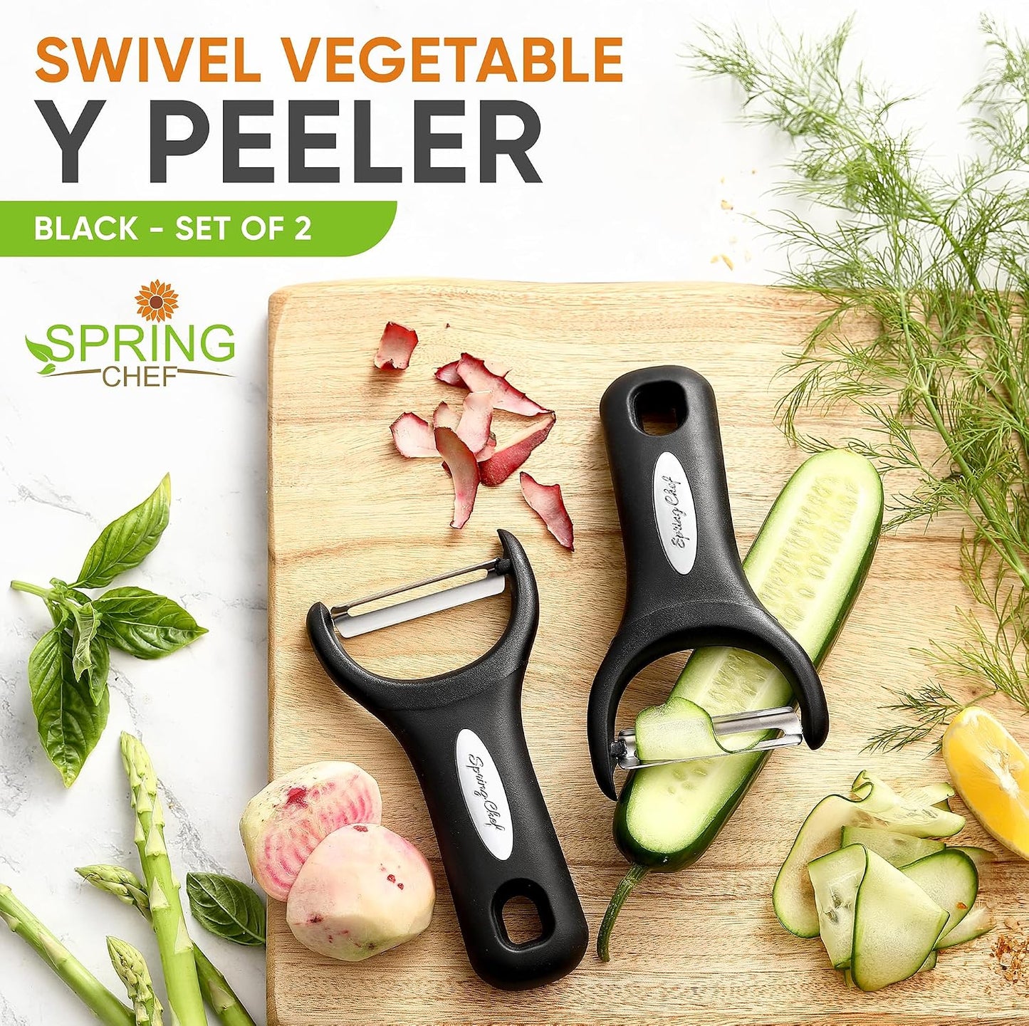 Spring Chef Vegetable Peelers for Kitchen - Stainless Steel Swivel, Y & Julienne Peelers, Potato Peelers with Soft Grip Handles, Kitchen Utensils Set of 3 for Fruits, Veggies, Apples, Carrots
