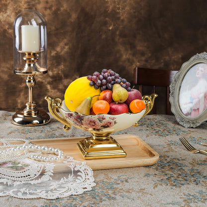 fanquare 3 Compartment Platter, Gold Porcelain Appetizer Serving Tray, Floral Ceramic Divided Serving Plate for Fruit, Candy, Nuts