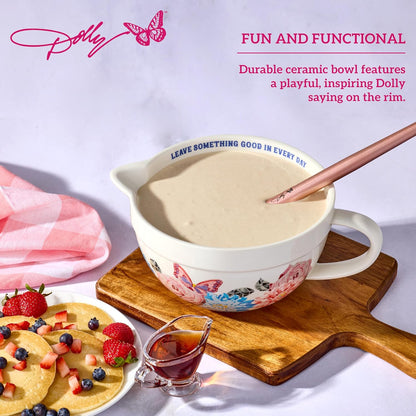 Dolly Parton Ceramic Batter Bowl, Mosaic Design with Inspirational Quote, Capacity, Spout and Handle, Dishwasher Safe, 2.5 Quart