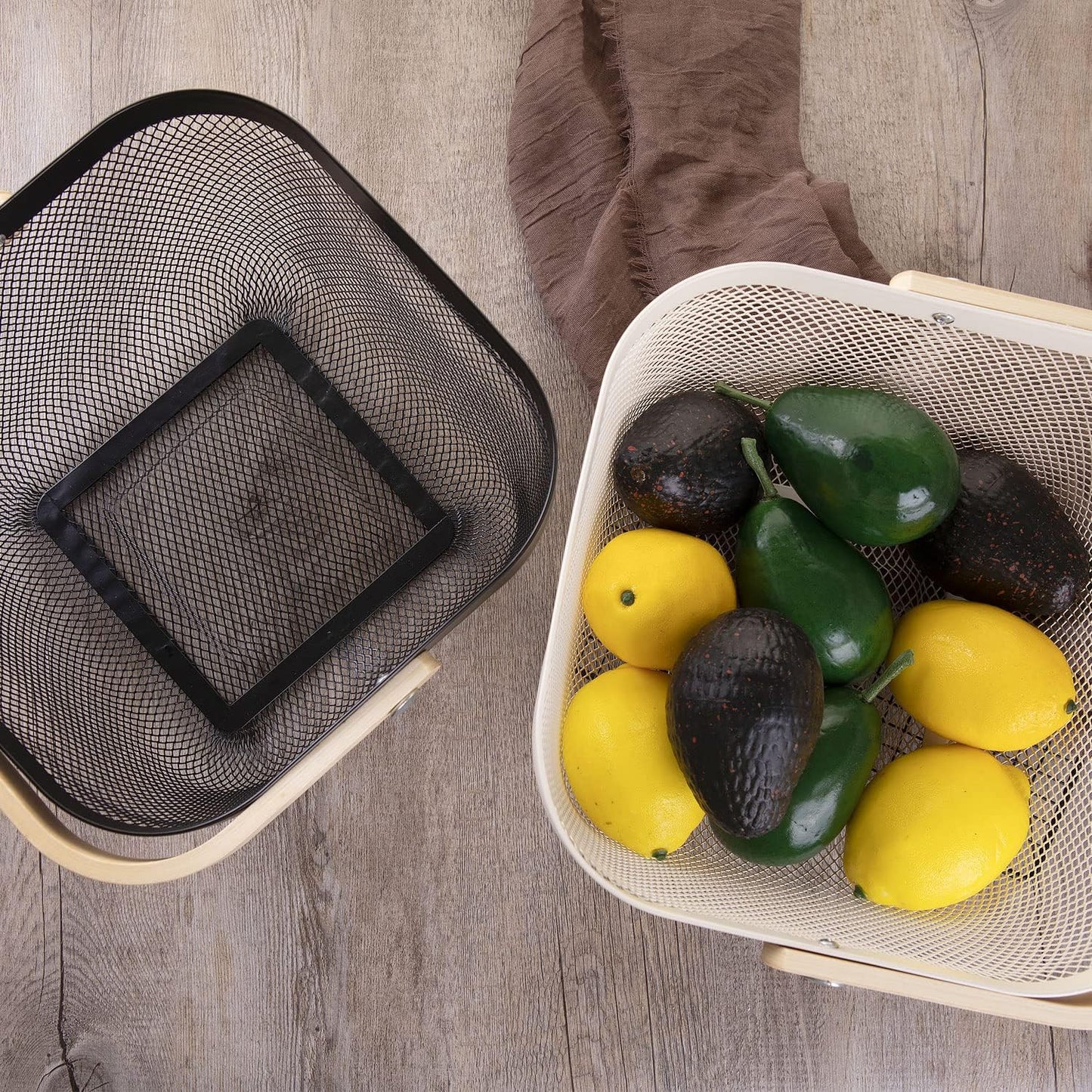 IBWell Square Metal Wire Woven Fruit Storage Bowl Basket with Wooden Handle, Large Black Mesh Fruit Stand, Multi-function Hanging Kitchen Baskets (White, Normal)
