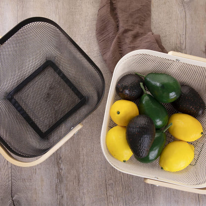 IBWell Square Metal Wire Woven Fruit Storage Bowl Basket with Wooden Handle, Large Black Mesh Fruit Stand, Multi-function Hanging Kitchen Baskets (White, Normal)
