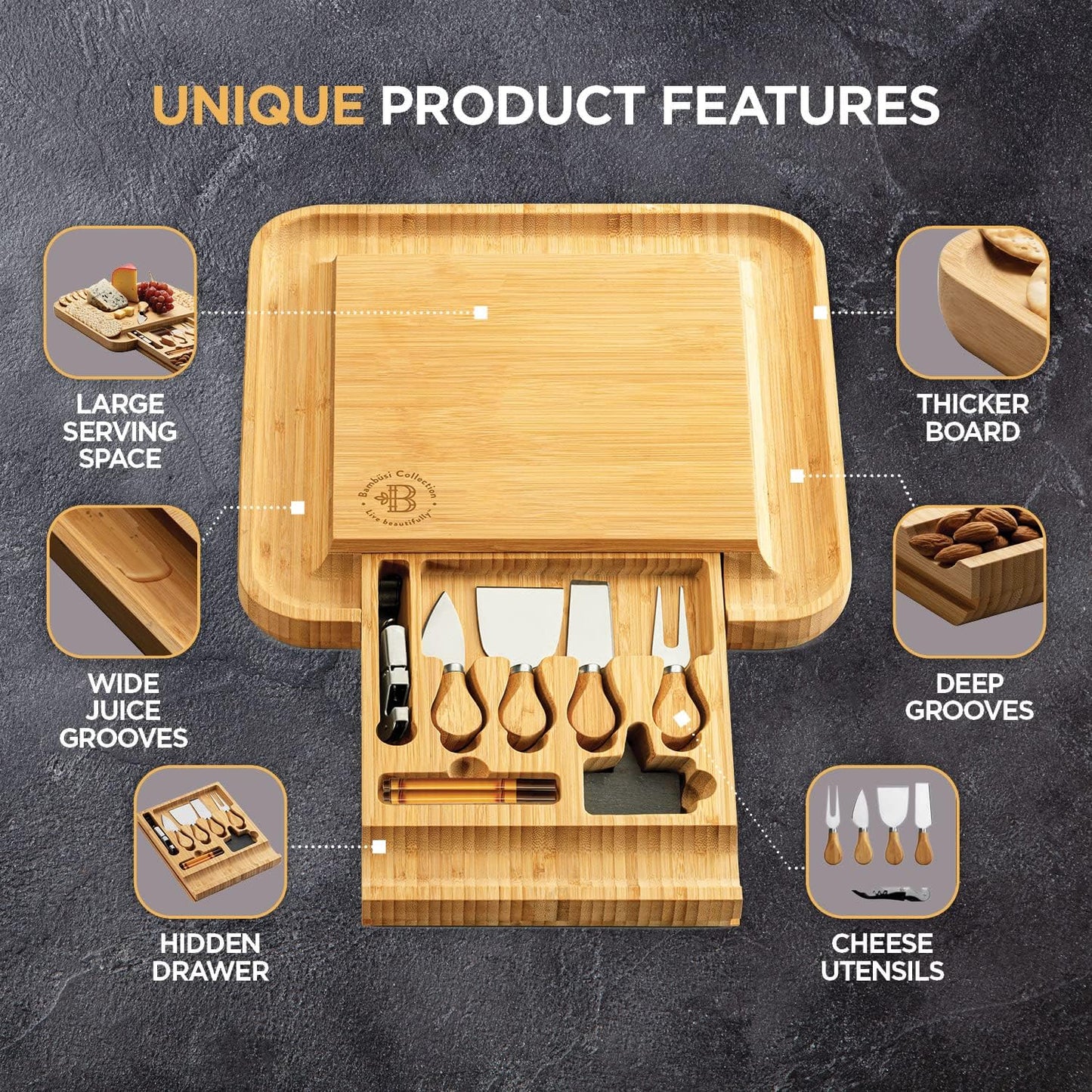 Bambüsi Charcuterie Boards - Large Bamboo Charcuterie Board Set with Knives Serving Accessories, Cheese Tray - House Warming Gifts New Home, Wedding Gift, Bridal Shower Gifts, Birthday Gifts Women Men