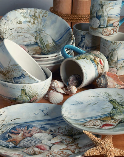 Coastal Landscape Ceramic Chip & Dip Platter – 13.5" Round Server with Shorebirds Illustration, Ocean-Inspired Tableware for Chips & Salsa, Crudités, Seafood, Crackers, Appetizers