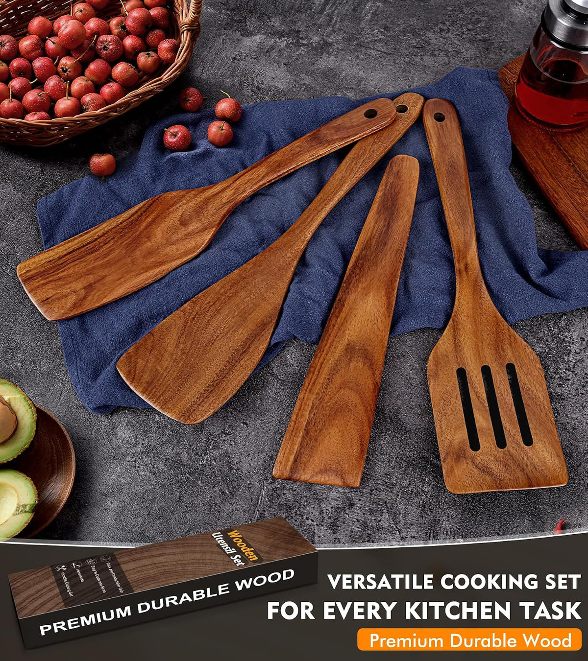 Wooden Spatula, Acacia Solid & Slotted Turner Spatula Set, Long Handle Flat Frying Spatulas, Ideal Kitchen Gift for Mother and Grandma, Kitchen Utensils Set for Cooking, Frying, Baking