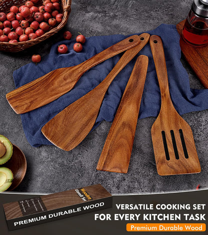Wooden Spatula, Acacia Solid & Slotted Turner Spatula Set, Long Handle Flat Frying Spatulas, Ideal Kitchen Gift for Mother and Grandma, Kitchen Utensils Set for Cooking, Frying, Baking