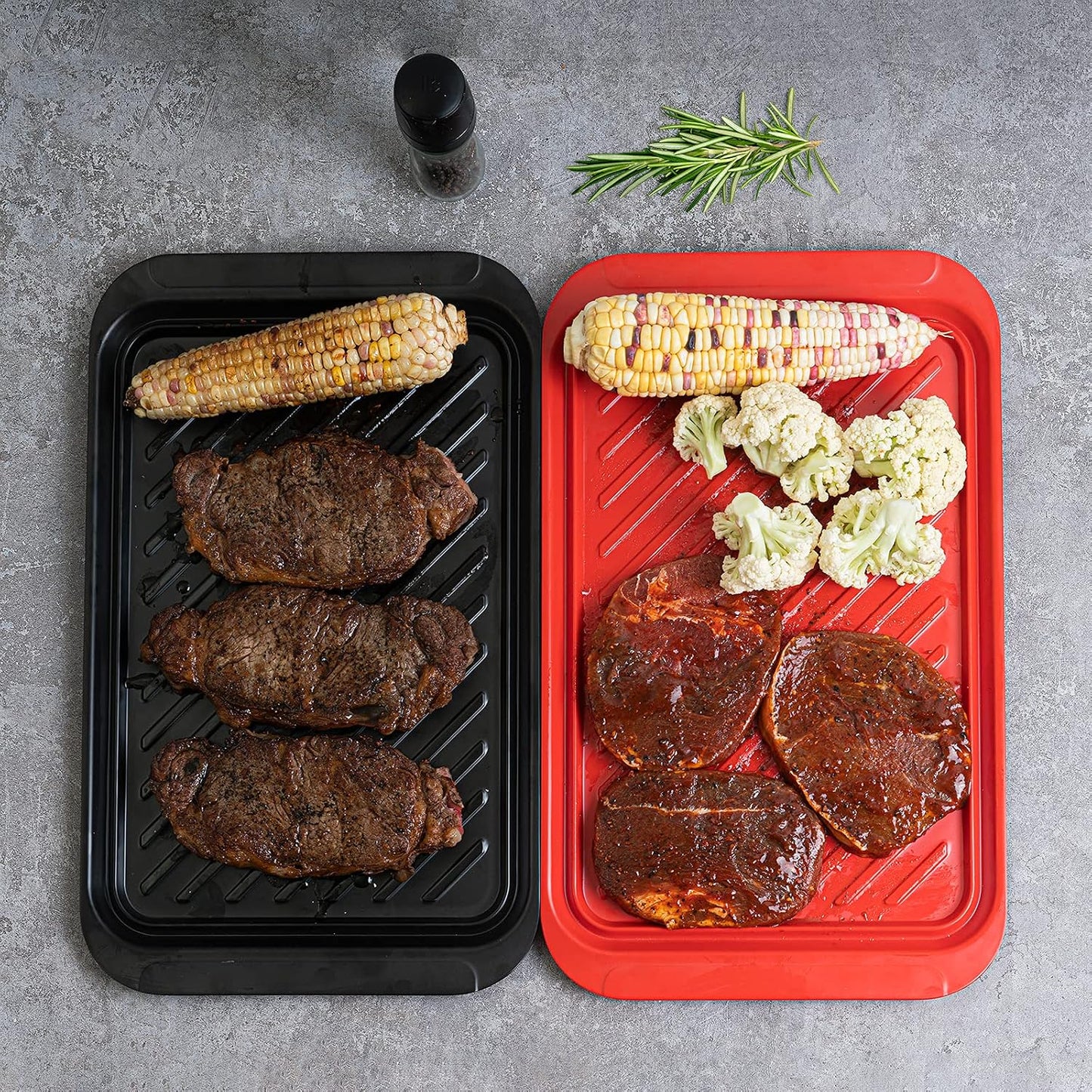 TP Grilling Prep and Serve Trays, 17 x 10.5 inch BBQ Trays for Cooked and Raw Foods, Set of 2 Melamine Serving Platters for Meats, Grill Accessories, Black and Red