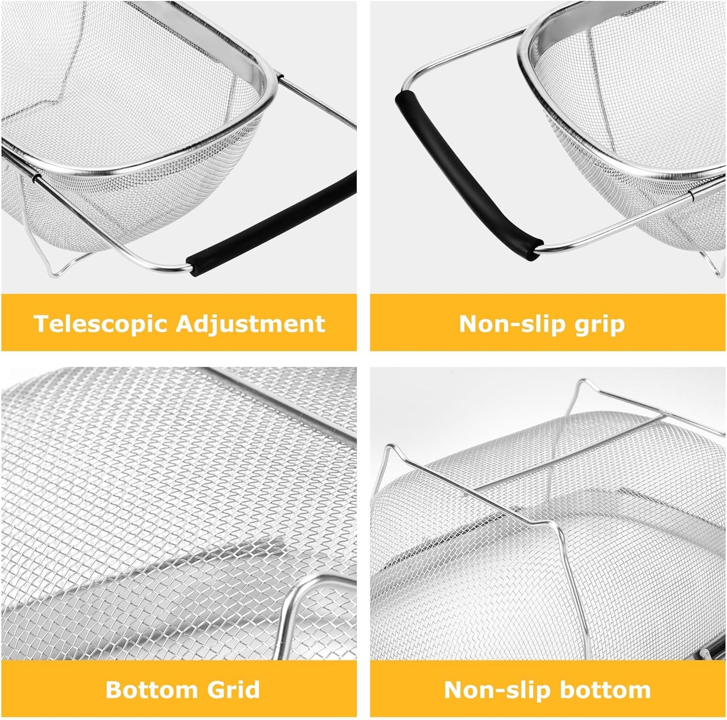 ZDRongZhen Kitchen Accessories Over the Sink Colander Strainer Basket，Stainless Steel Colander with Expandable Rubber Grip Sink Drainer-Rinse Vegetables Fruits &Strain&Drain (Large-Fine mesh)