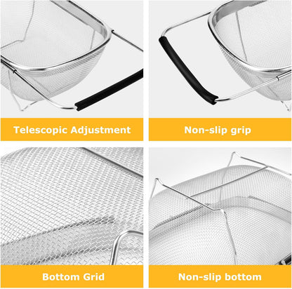 ZDRongZhen Kitchen Accessories Over the Sink Colander Strainer Basket，Stainless Steel Colander with Expandable Rubber Grip Sink Drainer-Rinse Vegetables Fruits &Strain&Drain (Large-Fine mesh)