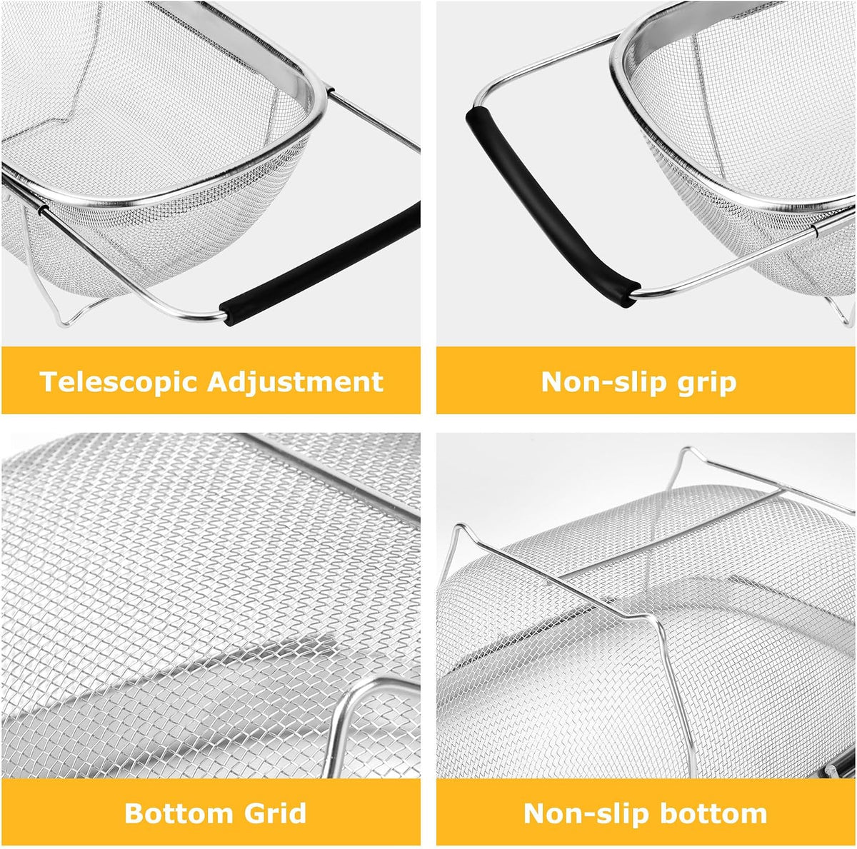 ZDRongZhen Kitchen Accessories Over the Sink Colander Strainer Basket，Stainless Steel Colander with Expandable Rubber Grip Sink Drainer-Rinse Vegetables Fruits &Strain&Drain (Large-Fine mesh)